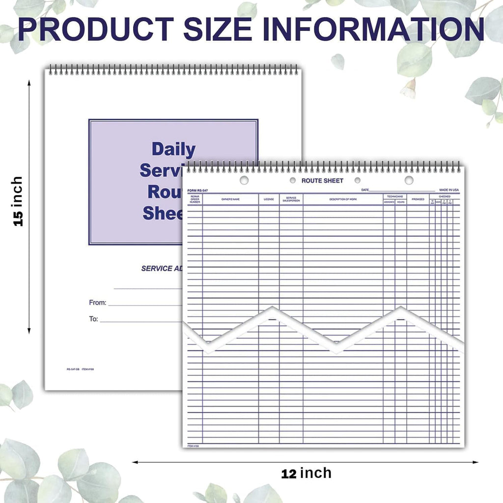 MICRO TEC Daily Service Route Sheets – 12" x 15" Daily Schedule & Appointment Sheets – Spiral Bound Route Planner on 100# Tag Stock Paper – Blue Ink Print – 100 Pages/Book (Book of 5)