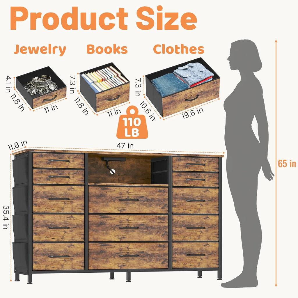 HCHQHS Dresser for Bedroom with 13 Drawers, 47 Inch Fabric Dresser with Remote Control Lights, Side Pockets & Hooks for Closet or Large TV Stand (Rural Brown)