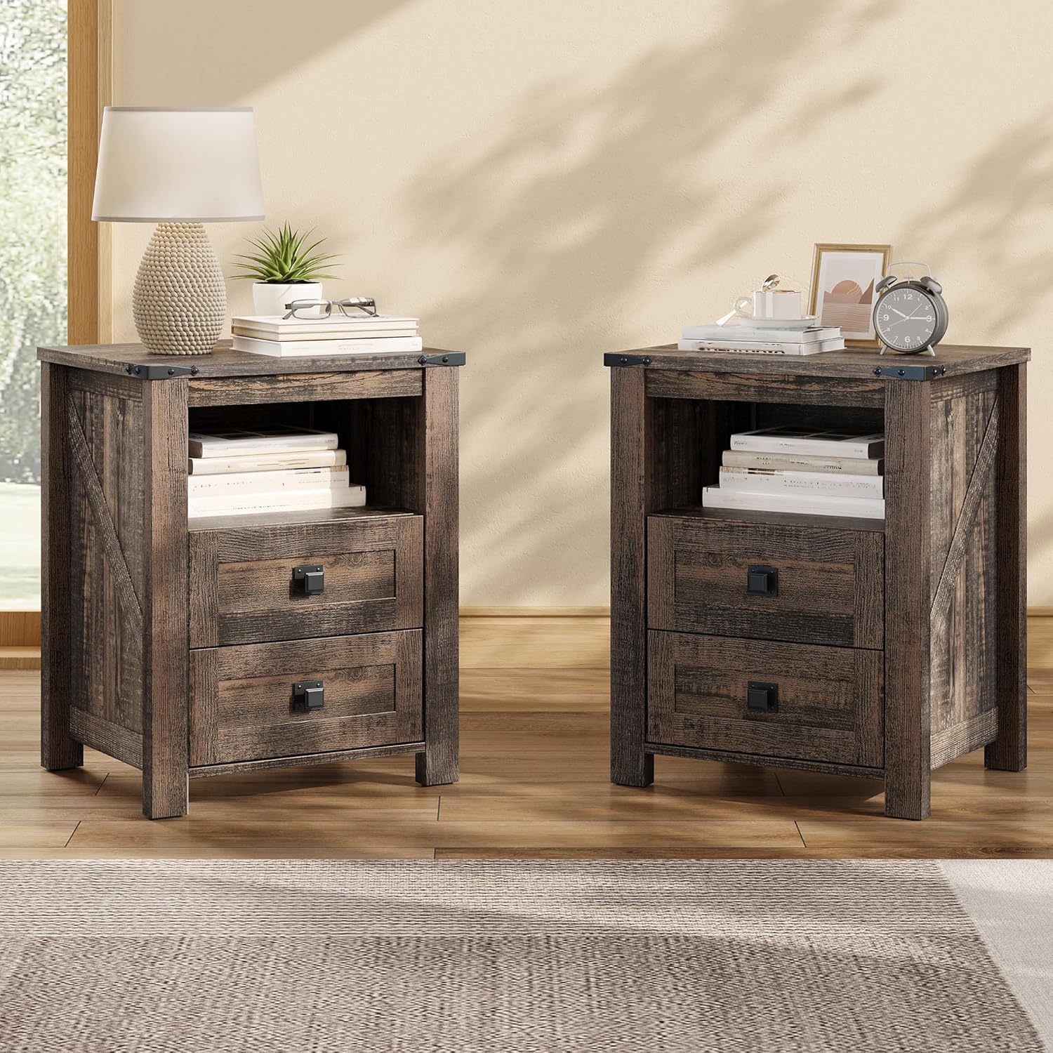 AMERLIFE Farmhouse Nightstand Set of 2, Wooden Side Table with Drawers & Open Shelf, Narrow/Small Bedside End Table, Wood Night Stand for Bedroom/Dorm/Home Office, Rustic Black Oak