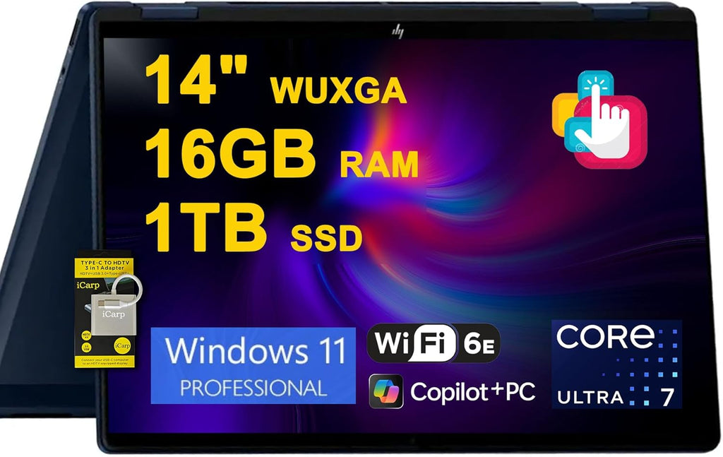 HP OmniBook X Flip 2-in-1 Laptop 14" WUXGA IPS Touch (400nits) Intel 8-core Ultra 7 256V (Up to 47 Tops) 16GB RAM 1TB SSD for Creator Designer Business Professional Win11Pro ICP Hub