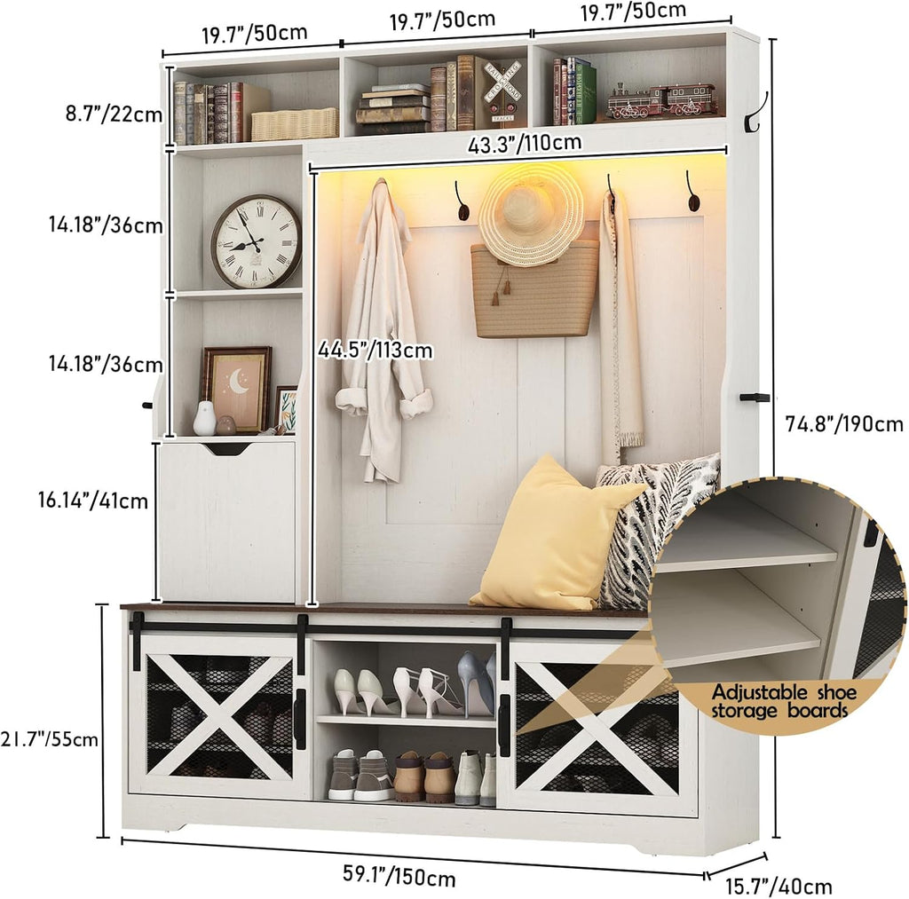 75''H LED Farmhouse Hall Tree with Bench and Shoe Storage,Entryway Bench with Coat Rack,16 Shoe Cubbies & Umbrella Holder and Sock Storage Drawer,Mudroom/Hallway Storages Cabinet(white )