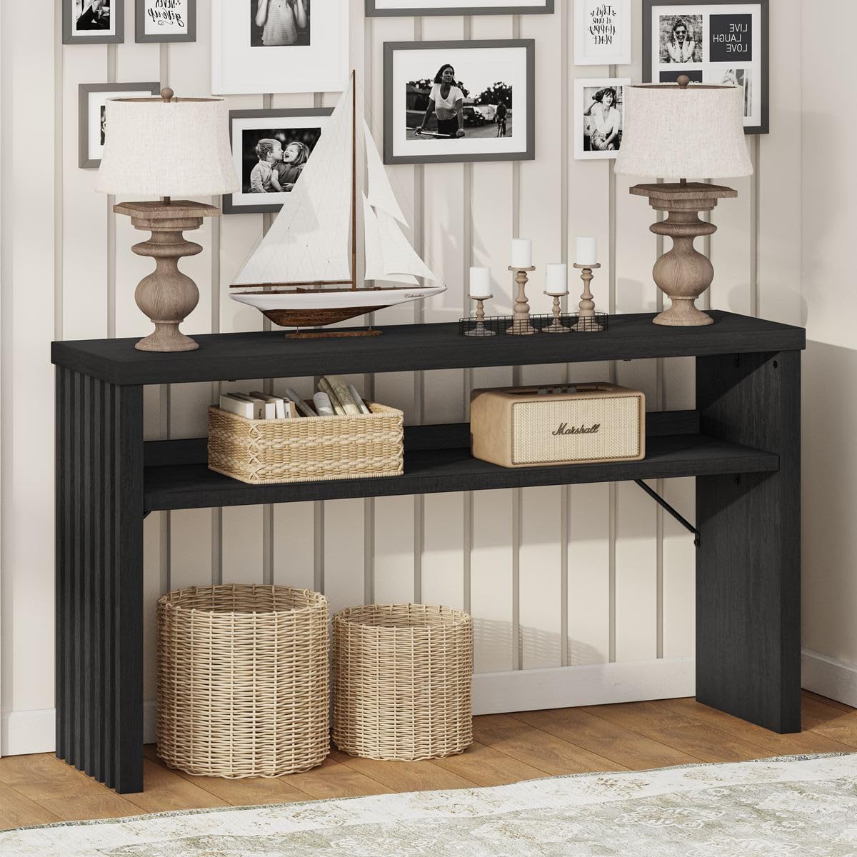 BON AUGURE Black Console Table 47 Inches, Entryway Table with Storage, Sofa Tables Narrow Long, Wooden Couch Tables Behind Sofa for Living Room, 2 Tier Entrance Tables