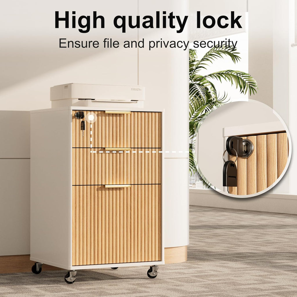 3 Drawers Fluted Mobile File Cabinet with Lock, Rolling File Cabinet Printer Stand Table, Under Desk Wooden Filing Cabinets for Home Office Essentials Storage Organization Furniture Letters/A4(Oak)