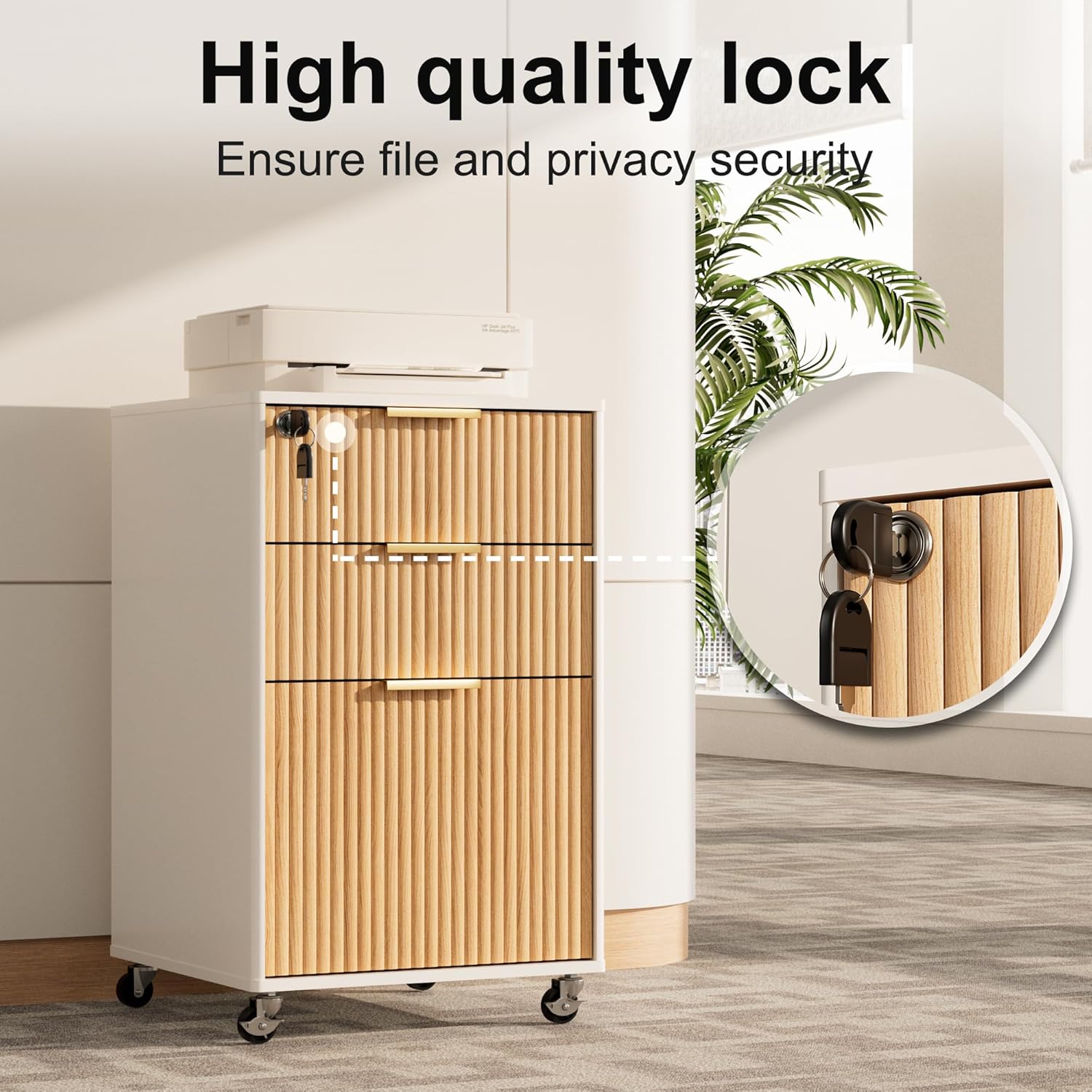 3 Drawers Fluted Mobile File Cabinet with Lock, Rolling File Cabinet Printer Stand Table, Under Desk Wooden Filing Cabinets for Home Office Essentials Storage Organization Furniture Letters/A4(Oak)