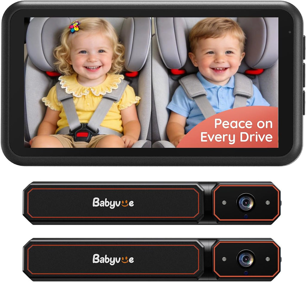 Babyvue BV6PRO Wireless Dual Car Camera Baby Monitor Fast Setup, HD1080P Spilt-Screen Baby Car Monitor for 2 Kids, Auto IR Night Vision Backseat Camera for Newborns Gift