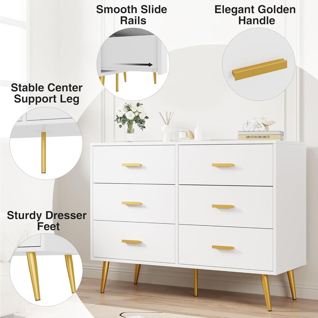 IDEALHOUSE 6 Drawer Dresser, Modern Wooden Chest of Drawers with Gold Handles, Deep Drawers for Bedroom, Living Room and Entryway, White