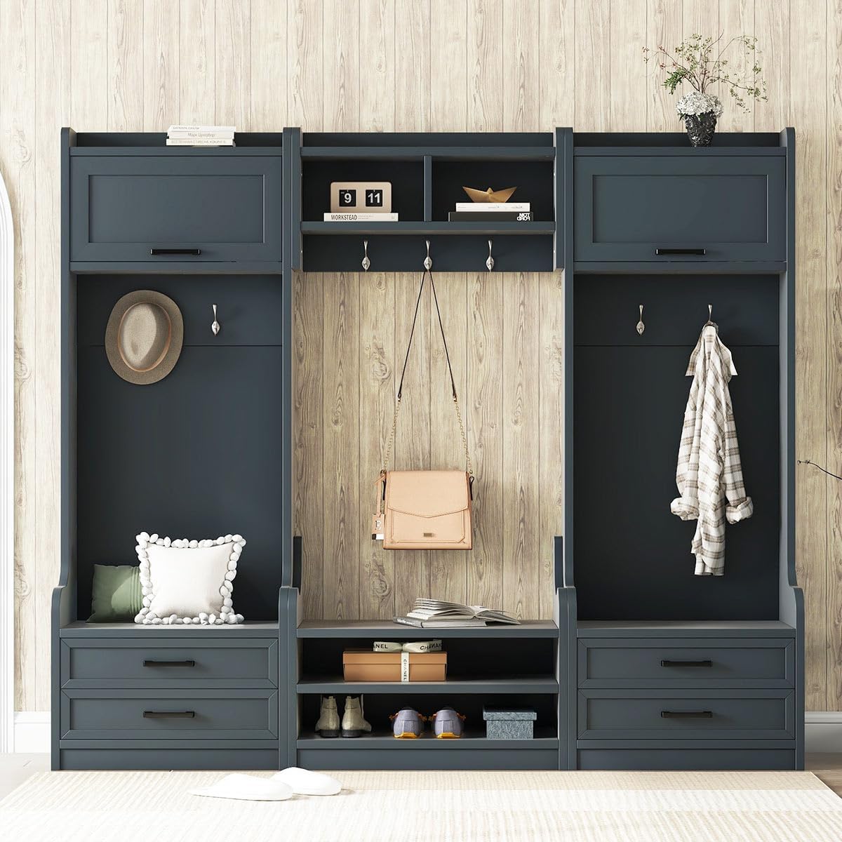 4-in-1 Entryway Hall Tree with Open Shelves and Shoe Storage Bench, Mudroom Detachable Coat Rack with Drawers and Hooks, Entryway Storage Cabinet for Hallway, Foyer (AntiqueBlue)