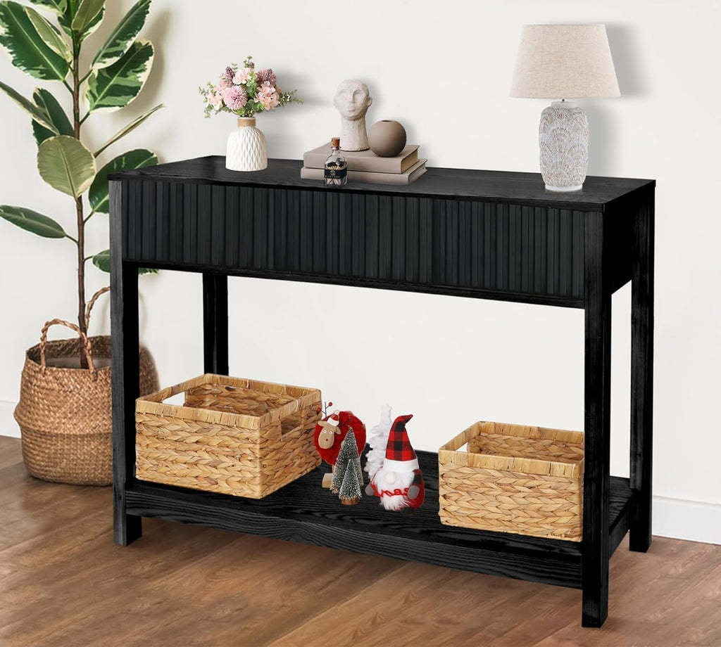 Fluted Console Table, Long Console Tables for Entryway 48" Vanity Desk, Black Boho Entry Table Narrow Modern Hallway Table Modern Sofa Table for Living Room