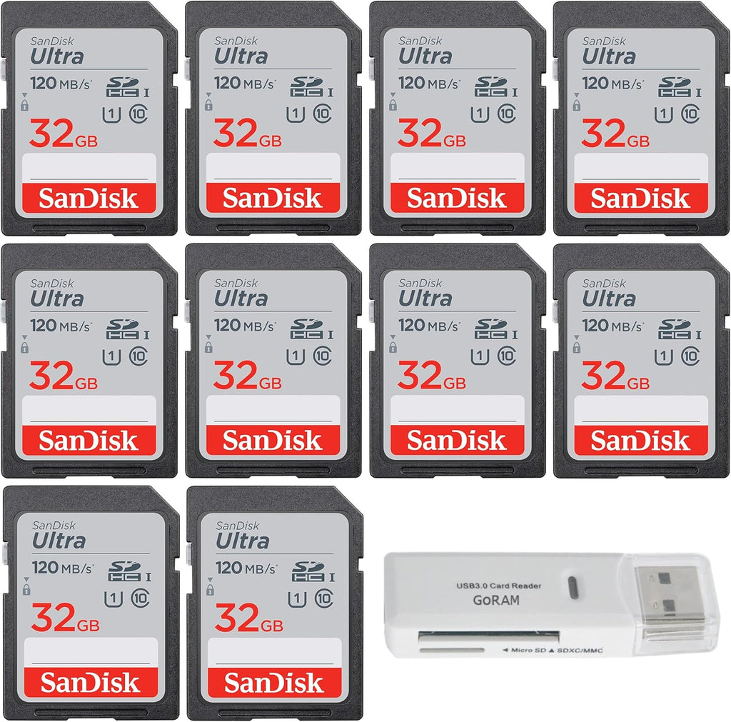 SanDisk 32GB Ultra SDHC UHS-I Class 10 Camera Card 120MB/s U1, Full HD, SD. C10 SDSDUN4-032G (10 Pack) Bundle with (1) GoRAM USB 3.0 Reader (32GB)