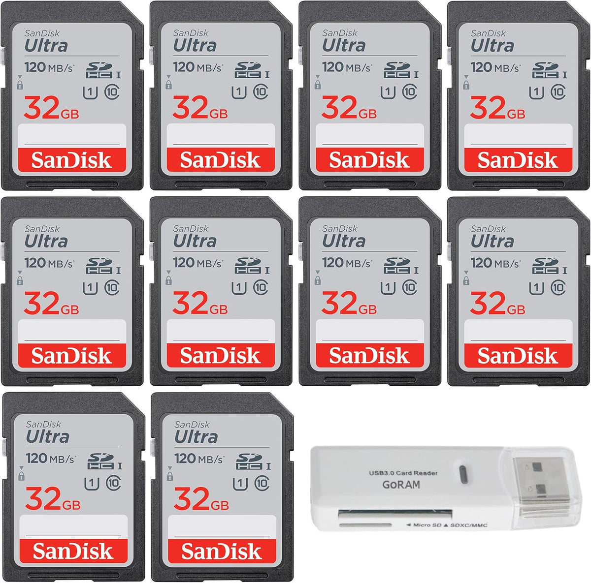 SanDisk 32GB Ultra SDHC UHS-I Class 10 Camera Card 120MB/s U1, Full HD, SD. C10 SDSDUN4-032G (10 Pack) Bundle with (1) GoRAM USB 3.0 Reader (32GB)