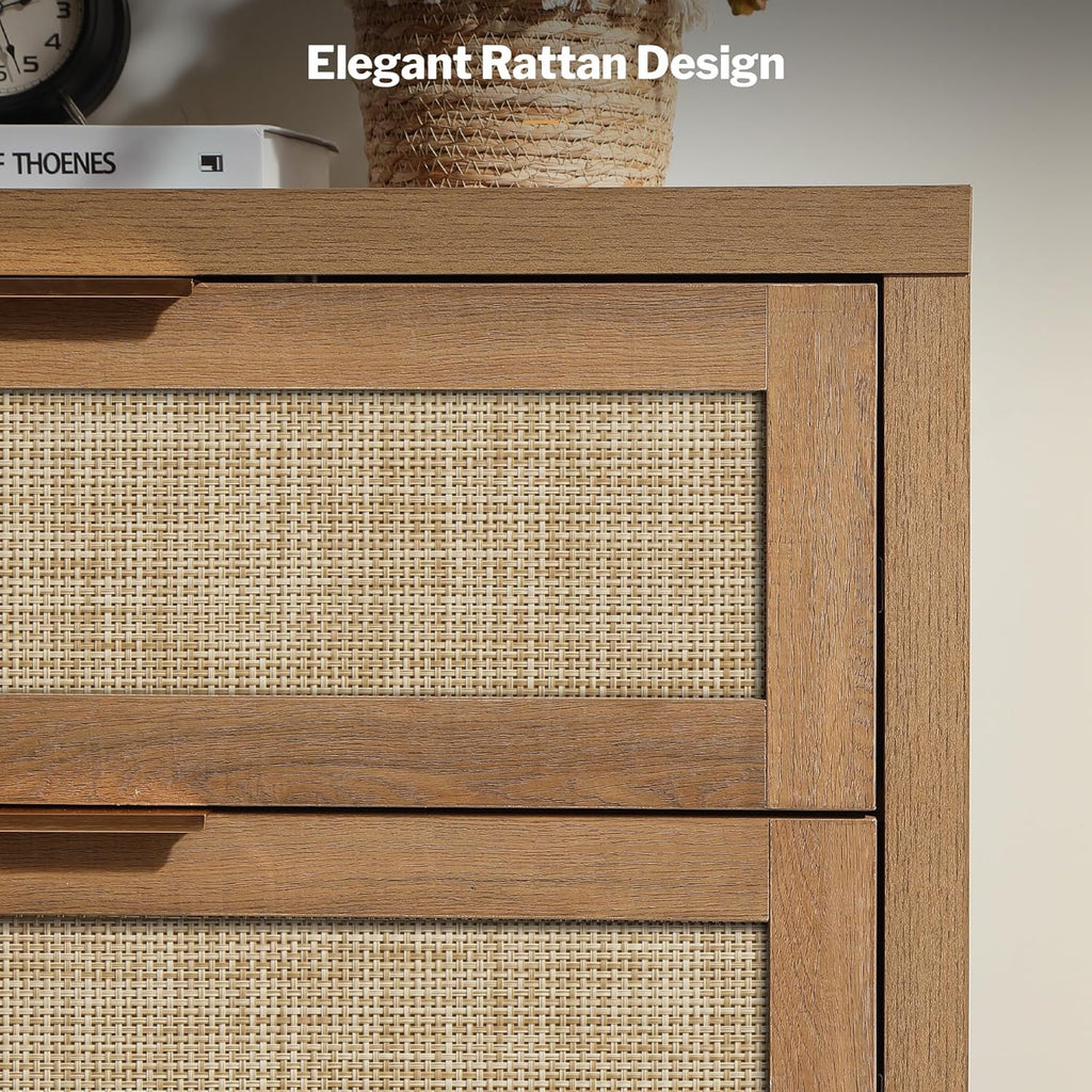 SICOTAS Rattan Dresser for Bedroom, 57" Wide 6 Drawer Dresser with Ample Storage, Dressers Large Chest of Drawers, Closet, Boho TV Stand for Bedroom (Reclaimed Caramel Oak, 1 Piece)