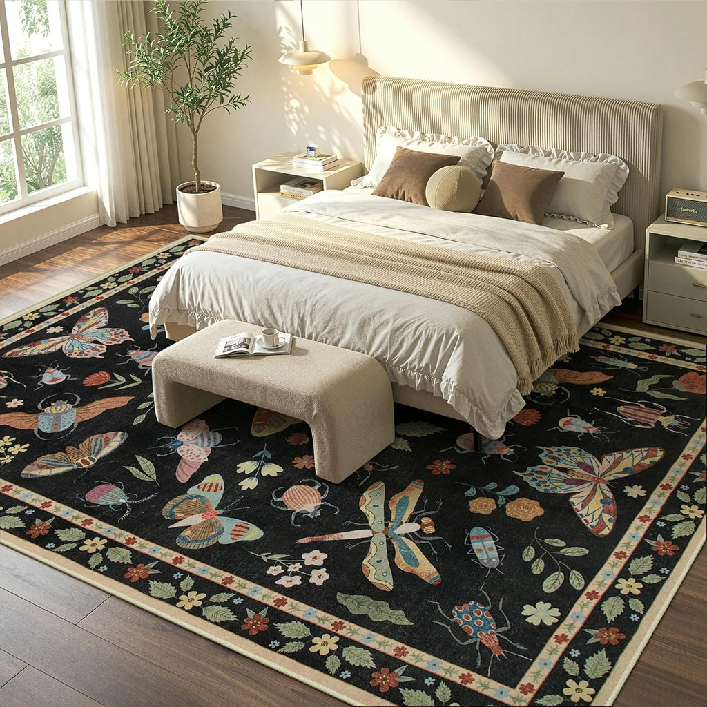Lahome Insect Area Rugs 8x10, Non Slip Washable Rugs for Living Room 8x10 Rug, Soft Modern Bedroom Rug Under Bed Ultra-Thin Large Carpet for Dining Room Office Playroom Vionnet, Black