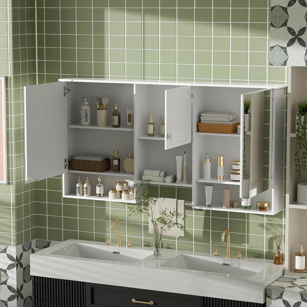 Merax Medicine Cabinet for Bathroom, Wall Mount Bathroom Cabinet with Mirror, Open Shelf, and Towel Bar, 55" W x 28.7" H Over The Toilet Mirrored Bath Wall Cabinet