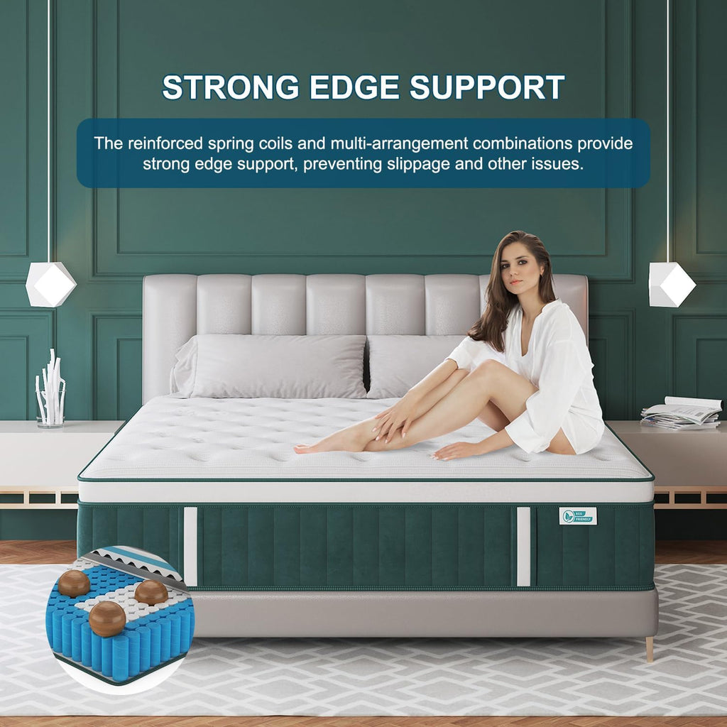 Queen Mattress, 14 Inch Hybrid Mattresses Green with Gel Memory Foam and Individually Pocket Innerspring Euro Top Medium Firm for Motion Isolation, Edge Support