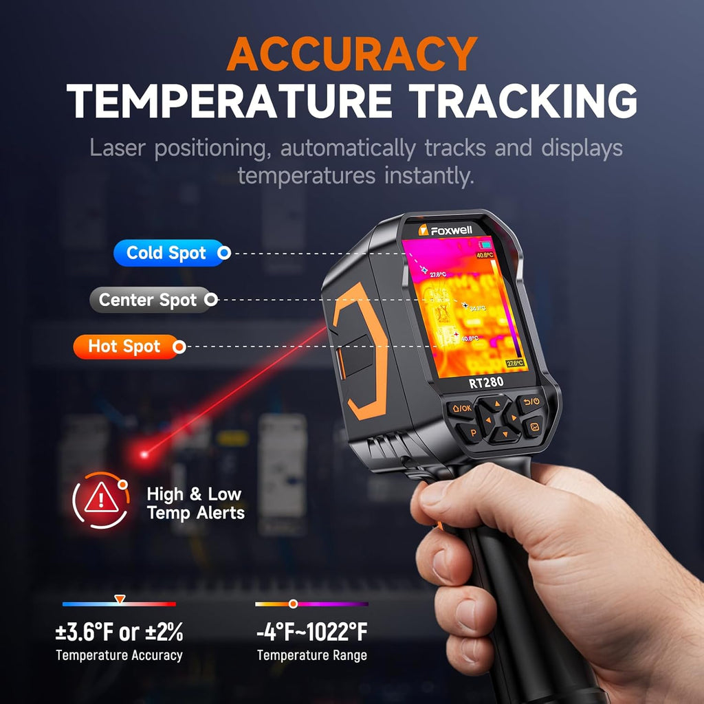 FOXWELL RT280 Thermal Imaging Camera, 320 X 240 2.8" LCD Screen Thermal Camera, TISR Resolution 240 x 180, 25Hz Handheld Infrared Cameras with Laser, PC Analysis, Photo & Video Recording, 8GB
