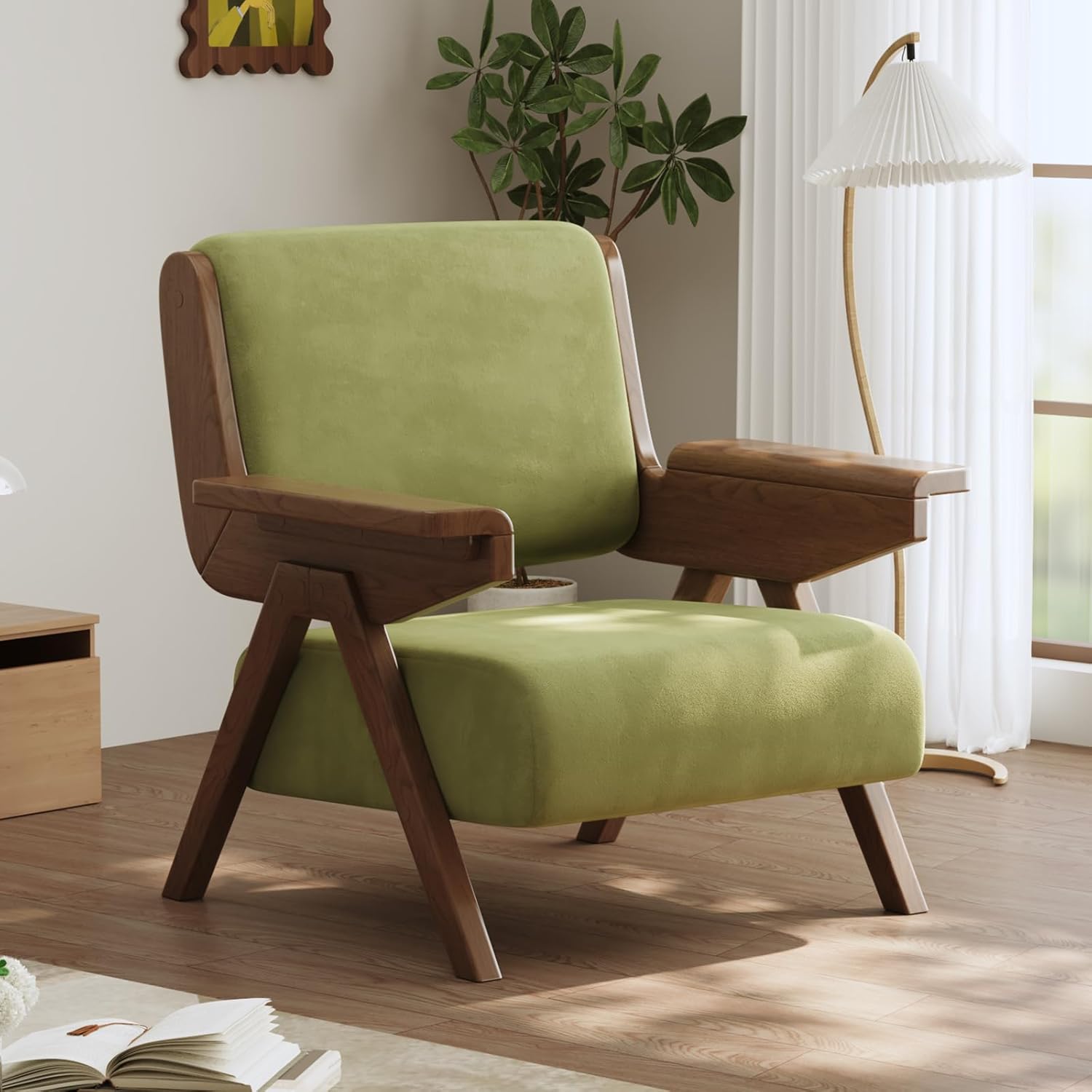 Accent Chair Set of 2, Mid Century Modern Chair, Velvet Upholstered Lounge Arm Chair with Solid Wood, Cozy Seating for Living Room, Bedroom, Balcony (Green)