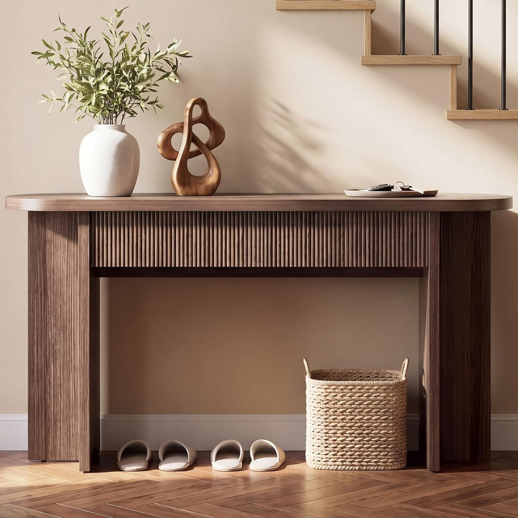 55 Inch Fluted Console Table with Drawers, Entryway Table with Storage, Modern Rounded Hallway Tables for Narrow Spaces（Brown）