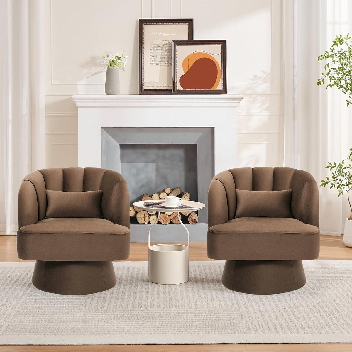GarveeHome Modern Swivel Barrel Accent Chair, 360 Degree Velvet Upholstered Armchair with Striped Backrest & Plush Padding, Comfy Round Lounge Chair for Living Room, Bedroom, Reading Nook, Brown