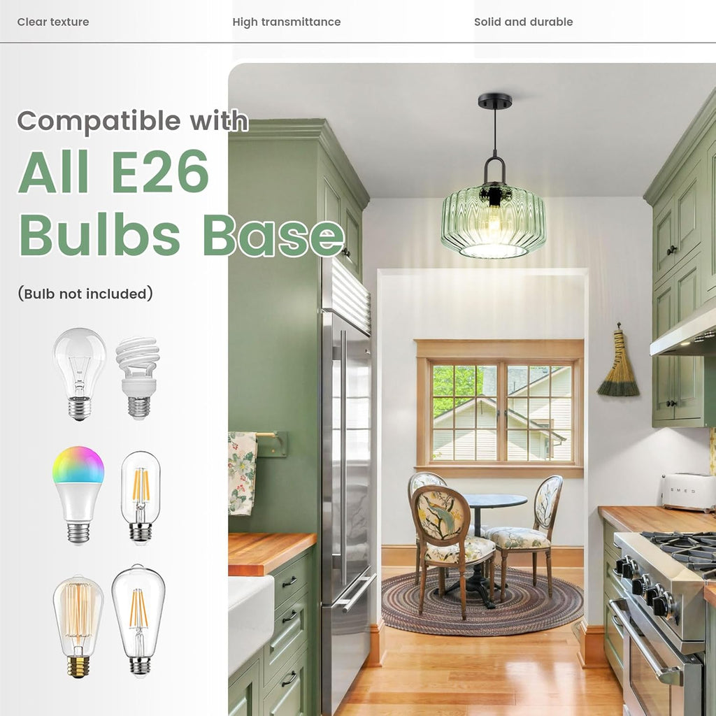 Modern Hanging Lights Light Green Pendant Light Fixtures Mid Century Large Glass Pendant Lights 11" Striped Glass Shade Black Schoolhouse Ceiling Light Fixture Kitchen Hanging Lamp