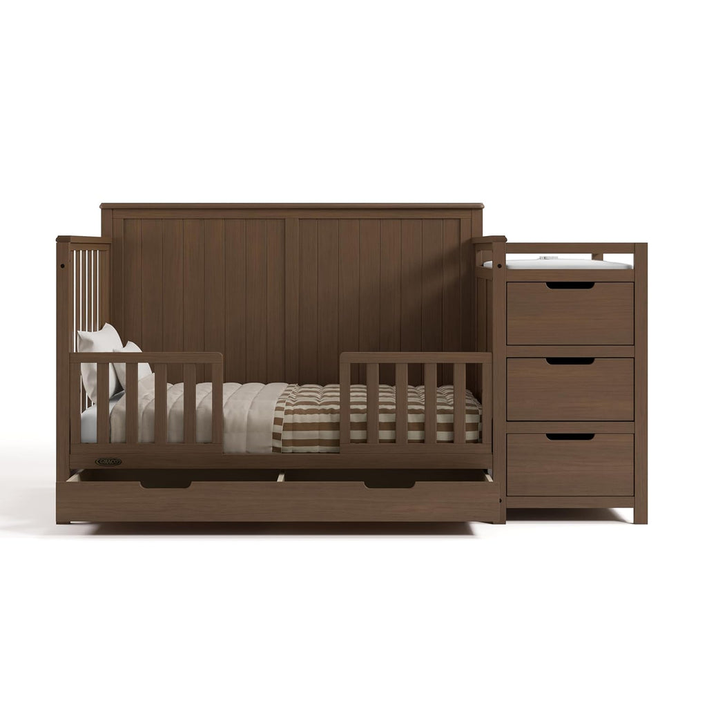 Graco Hadley 5-in-1 Convertible Crib & Changer – GREENGUARD Gold Certified, Fits Standard Crib Mattress, Converts to Toddler Bed and Full Bed, 4 Adjustable Mattress Heights (Hazelnut)