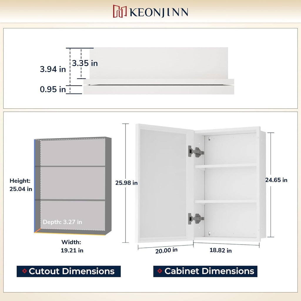 Keonjinn 20" x 26" White Medicine Cabinets for Bathroom with Mirror, Recessed or Surface Wall-Mounted Aluminum Alloy Framed Beveled Mirror, Single Door Farmhouse Bathroom Mirror with Storage Cabinet