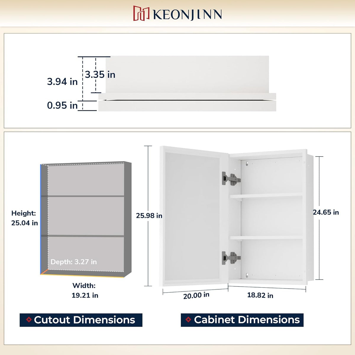 Keonjinn 20" x 26" White Medicine Cabinets for Bathroom with Mirror, Recessed or Surface Wall-Mounted Aluminum Alloy Framed Beveled Mirror, Single Door Farmhouse Bathroom Mirror with Storage Cabinet