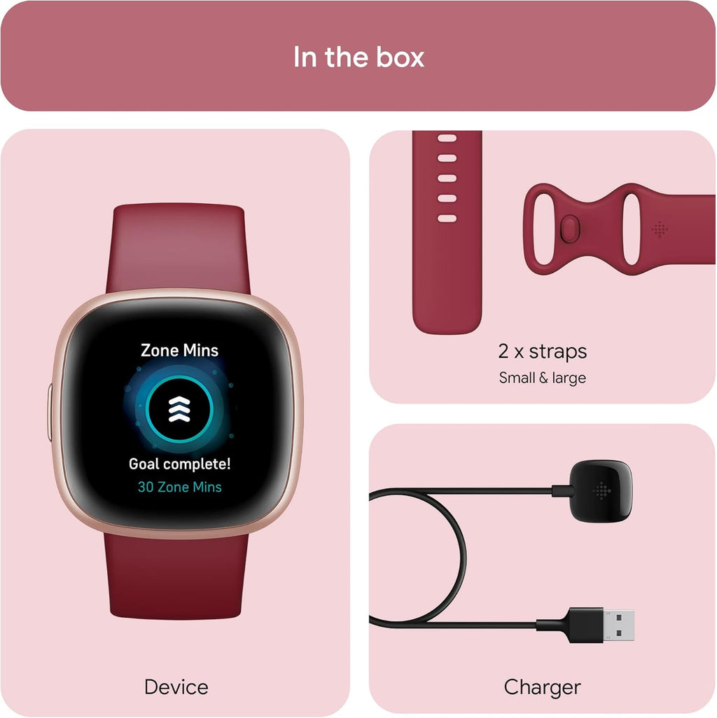 Fitbit Versa 4 Fitness Smartwatch with Daily Readiness, GPS, 24/7 Heart Rate, 40+ Exercise Modes, Sleep Tracking and More, Beet Juice/Copper Rose, One Size (S & L Bands Included)