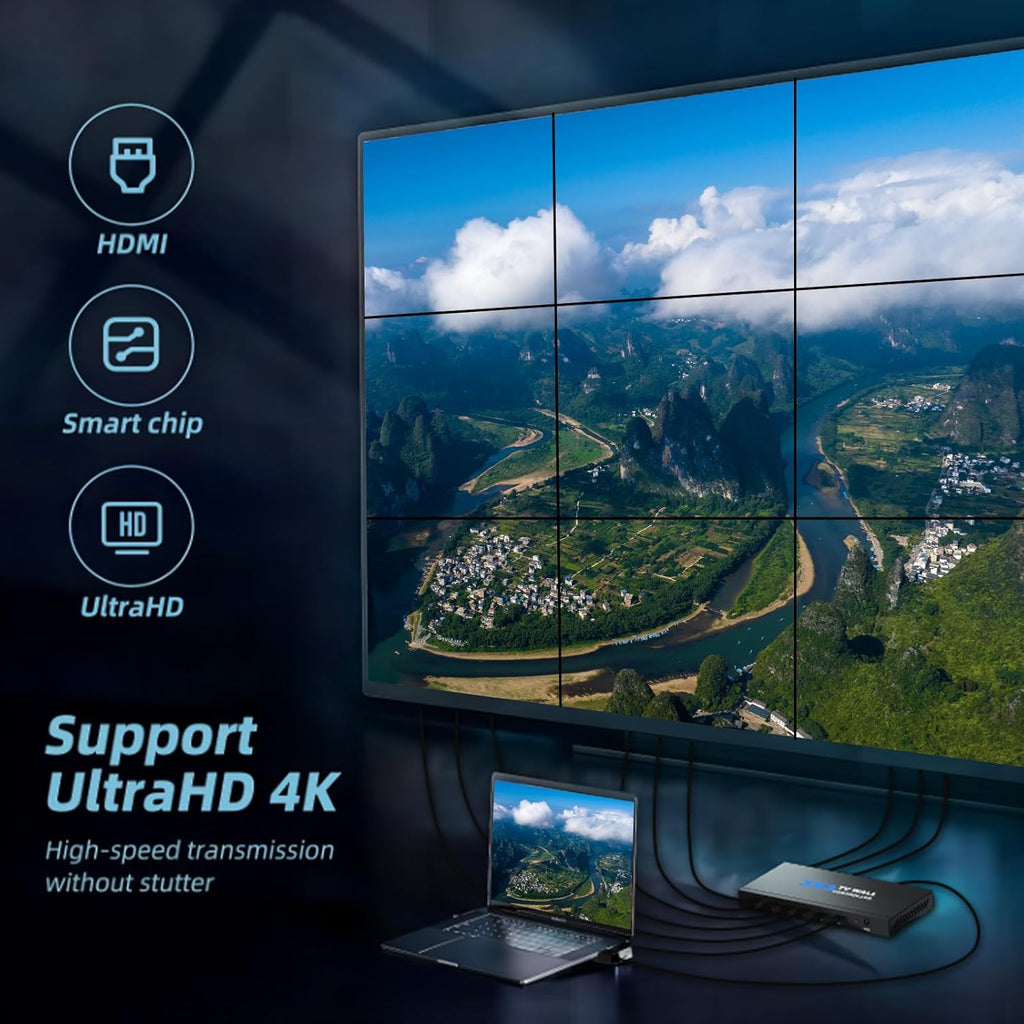 Video Wall Controller, TV Wall Processor 3x3 4K Input & 1080P HDMI Output for 9 TV Splicing Display, 180 Degree Rotate, 14 Splicing Modes 3x3 3x2 2x2 3x1 1x4 2x3 4x2 2x4