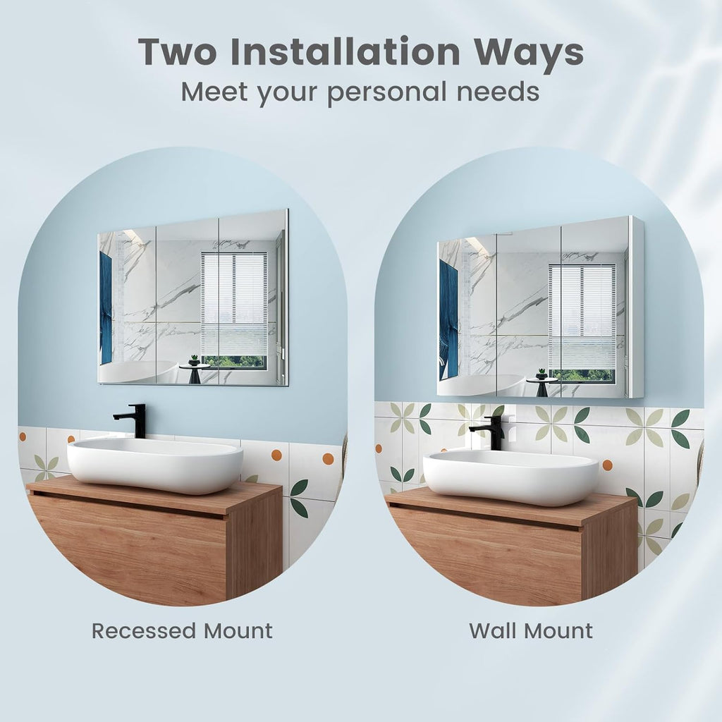 Tangkula Medicine Cabinet with Mirror, Frameless Bathroom Wall Mounted Cabinet with 3 Doors and Adjustable Shelves, Storage, Recess or Surface Mount Installation