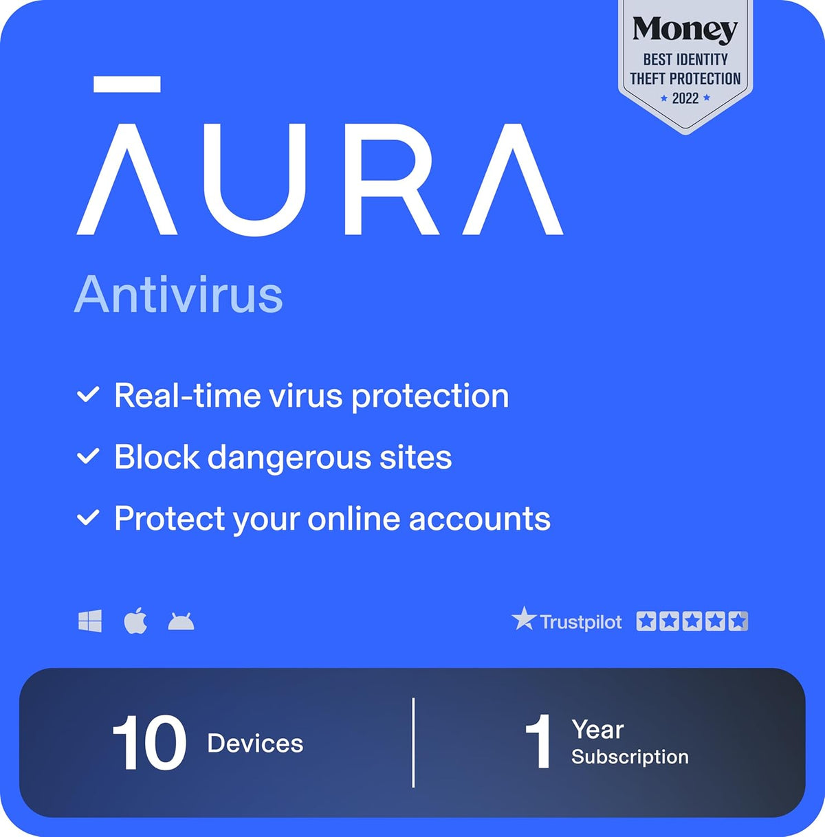 Aura Antivirus | Internet Security | 10 Devices | Includes VPN, Password Manager, Breach Alerts, Anti-Track, Dark Web Monitoring | Antivirus Plan, 1 Year Prepaid Subscription PC/Mac Online Code