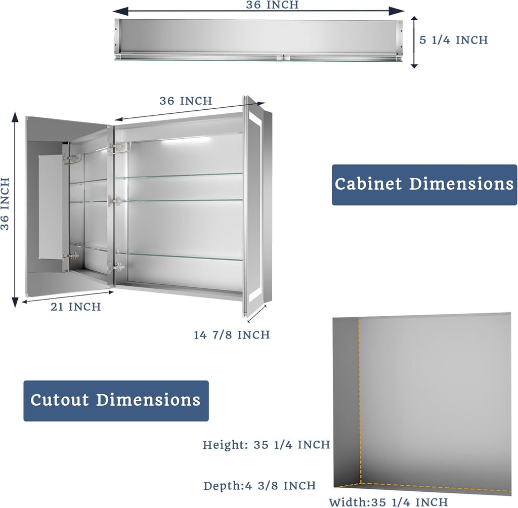 ExBrite Lighted Medicine Cabinet 36 x 36 Inch,Recessed or Surface led Medicine Cabinet, Clock&Room Temp Display,Defog,Dimming,Medicine Cabinet with Lights 3-Color Temper Change,Door Wide Open