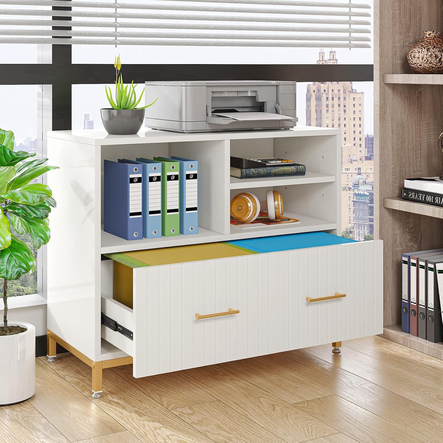 Tribesigns Lateral File Cabinet with Drawer, White Filing Cabinet for Letter/Legal/A4 Size Files, 35.4" Modern Wood File Storage Cabinets Printer Stand with Storage for Home, Office, White Gold