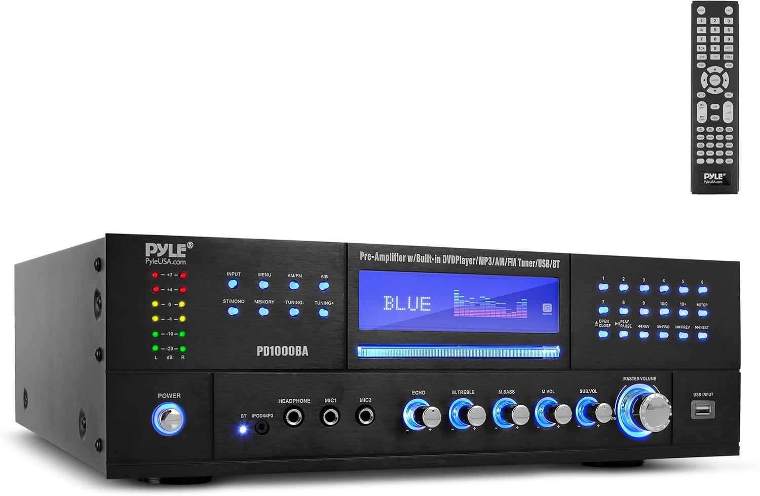 Pyle 4-Channel Wireless Bluetooth Power Amplifier - 1000W Stereo Speaker Home Audio Receiver w/FM Radio, USB, Headphone, 2 Microphone w/Echo, Front Loading CD DVD Player, LED, Rack Mount, Black