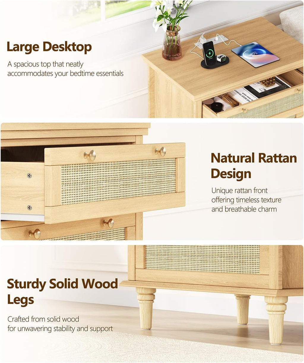 Keehusux 27.6" W Rattan Nightstand with 3 Drawers, Large Night Stand with Charging Station, Boho Bedside Table with Round Handles, Wooden End Table for Bedroom, Natural Oak