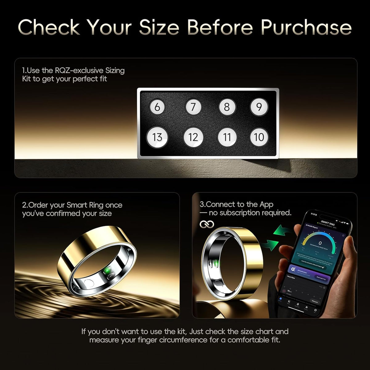 RQZ Smart Ring for Women Men, Fitness Tracker with Heart Rate Tracking, Sleep Tracking, Step Counter, Vibration Alert, 5ATM Waterproof, iOS Android Compatible, Gold Size 9