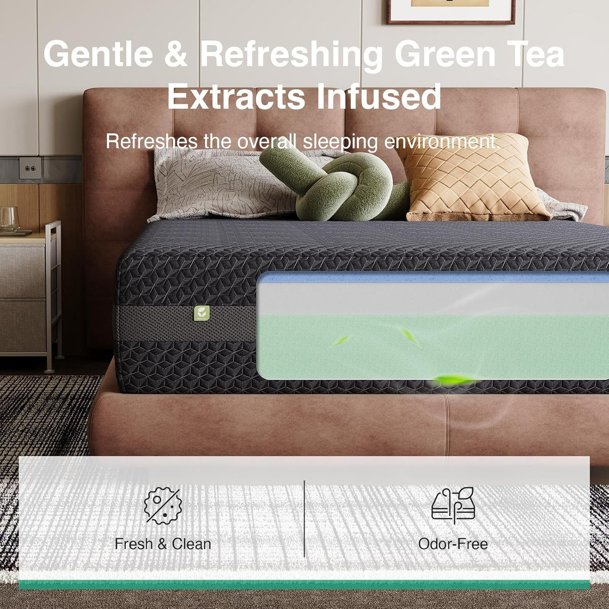 Novilla 14 Inch Queen Size Mattress, Queen Gel Memory Foam Mattress with Green Tea-Infused Foam for Pressure Relief, Body Contouring, & Balanced Support, Breathable Side Panel, Mattresses in a Box