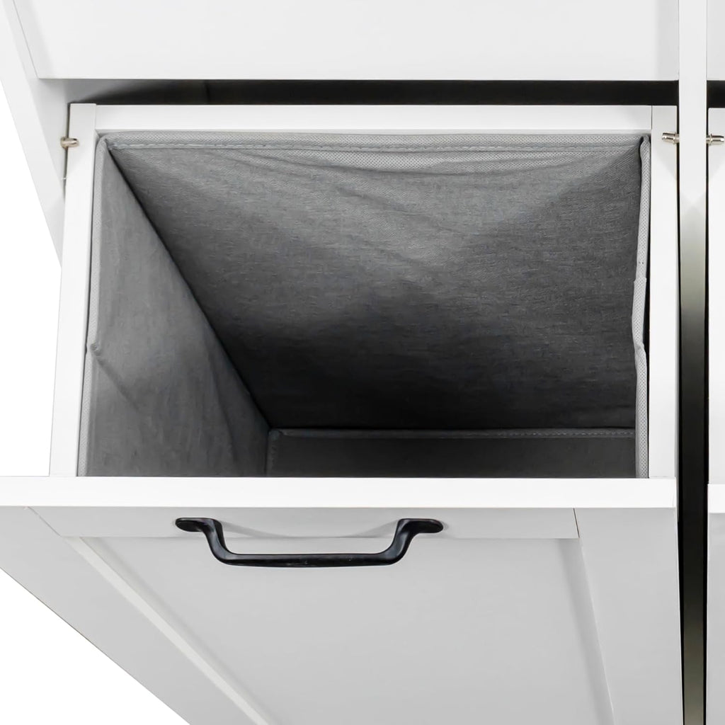 SOFTSEA Tilt-Out Laundry Hamper Cabinet, Cabinet with Doors and Open Shelf, 63 Inch Tall Accent Table for Bathrooms Laundry Room Kitchen, White