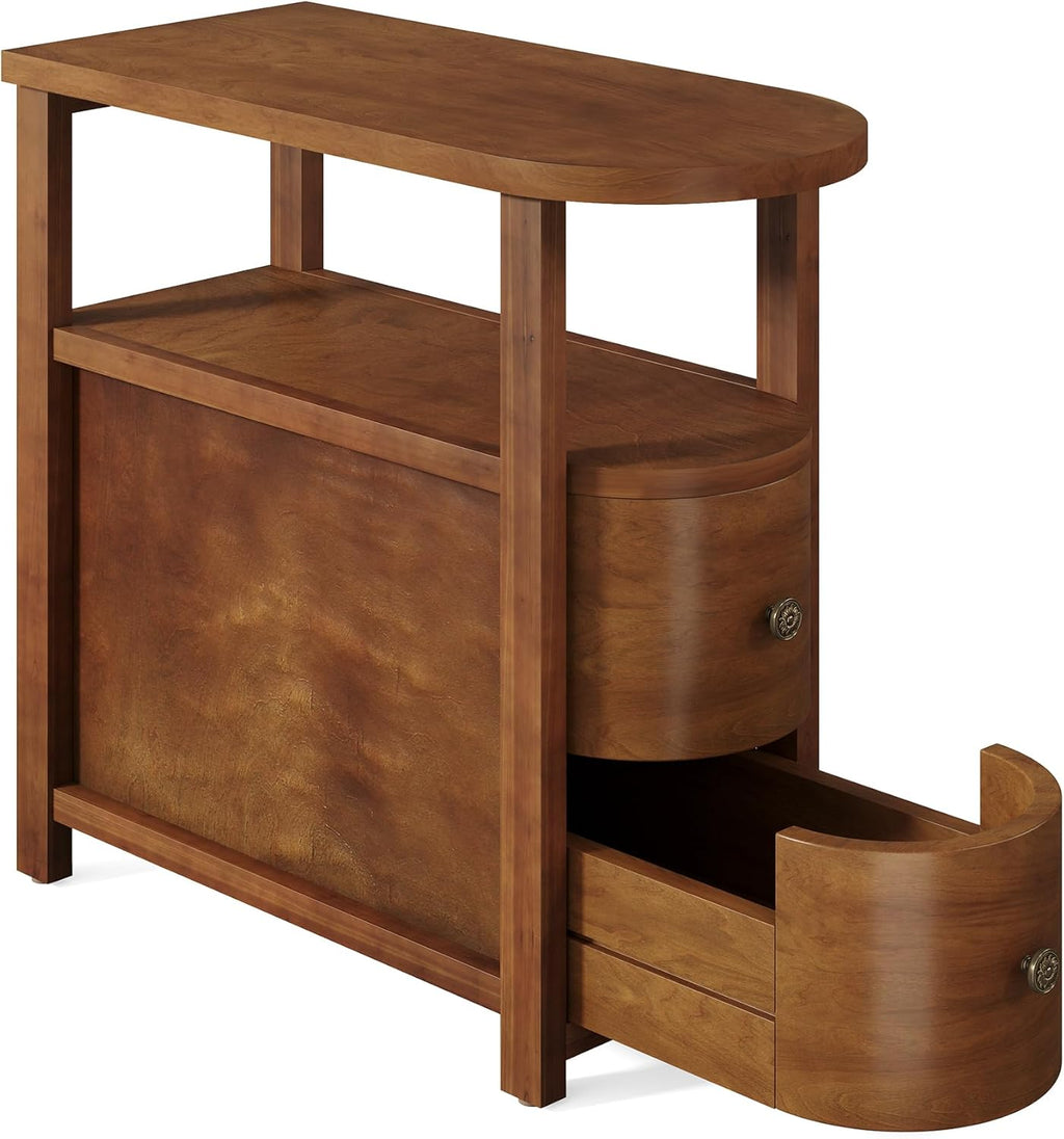 LITTLE TREE Solid Wood End Table with 2 Drawers & Open Shelf, No Assembly Required Side Table for Living Room, Vintage Brown Couch Side Tables, Slim Bedside Table Nightstand for Bedroom