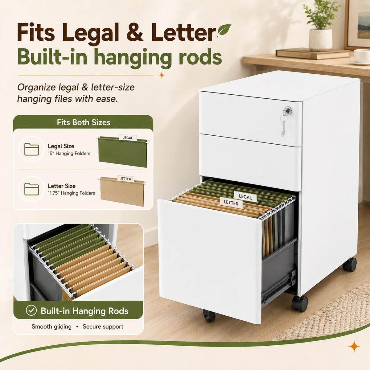 3 Drawer File Cabinet with Lock, Fully Assembled Rolling Printer Stand Under Desk, White Filing Cabinet for Legal/Letter Size, Home Office, 17.7" D x 11.8" W x 24.0" H
