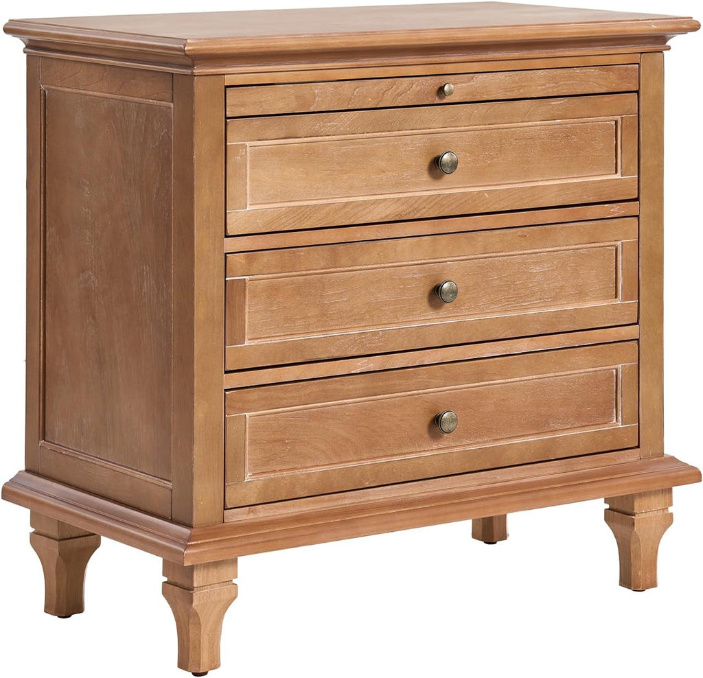 HULALA HOME Farmhouse 3 Drawer End Table with Tray, Drawer Organizer with Solid Wood Legs, End Table with Charging Station（Acorn）