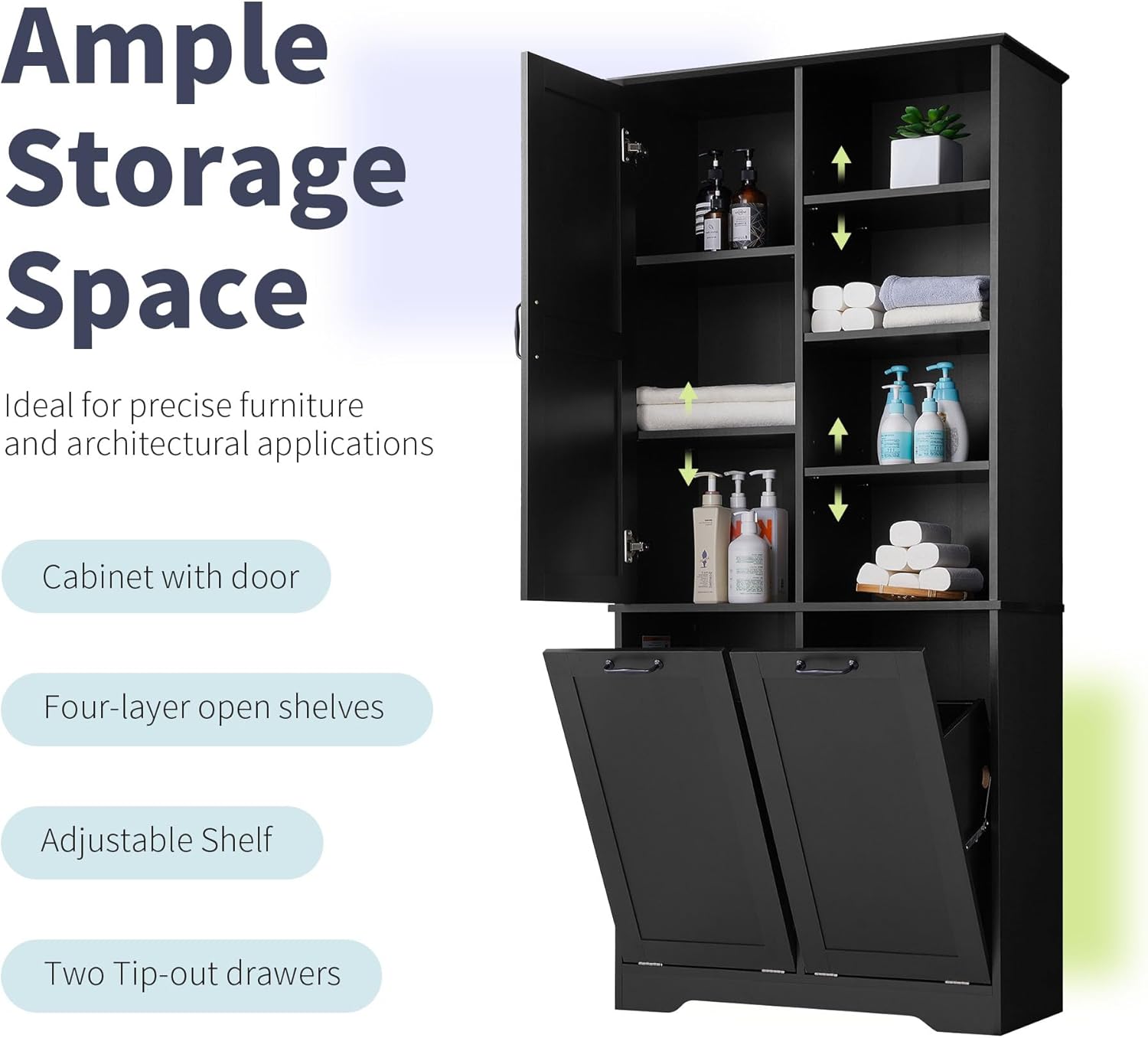 SOFTSEA 68" Double Tilt Out Laundry Hamper, Tall Hidden Laundry Basket Cabinet with Adjustable Shelf, Freestanding Bathroom Storage Cabinet with Doors and Open Shelves, Black