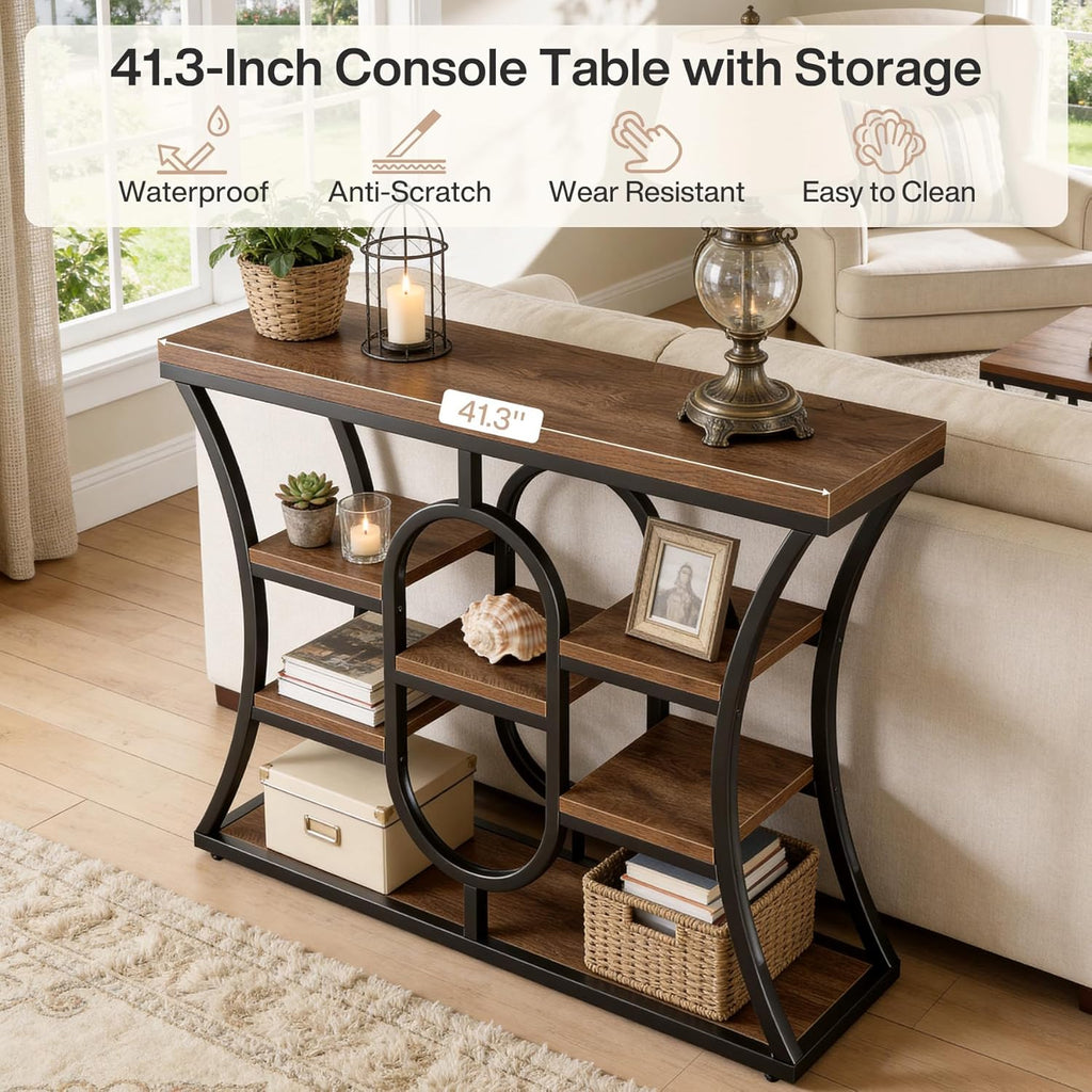 Tribesigns 41.3-Inch Console Table, Industrial Entryway Table with Storage Shelves, Small Narrow Sofa Table for Living Room, Behind Couch, Hallway & Foyer (Rustic Brown)