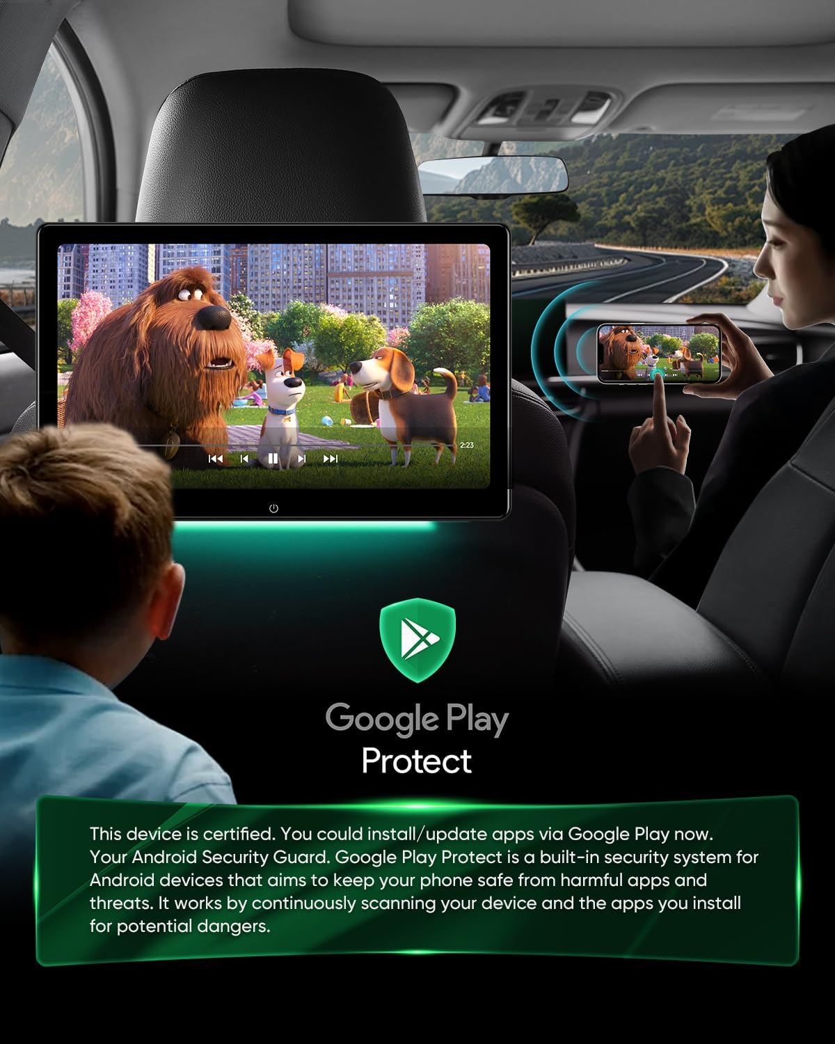 14-Inch 4K Video Android Car TV Headrest Monitor Tablet for Back Seat with WiFi Bluetooth, Glass to Glass IPS Touch Screens Portable Medias Player, Support Phone Control & Mirror Link