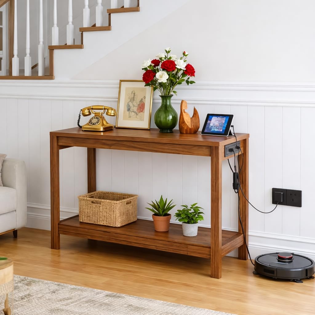 47" Entryway Table, Narrow Console Sofa Table, with Outlets and USB-C Port, Entryway Table with Open Storage, for Living Room, Hallway, Entryway, Foyer, Kitchen Counter, Walnut