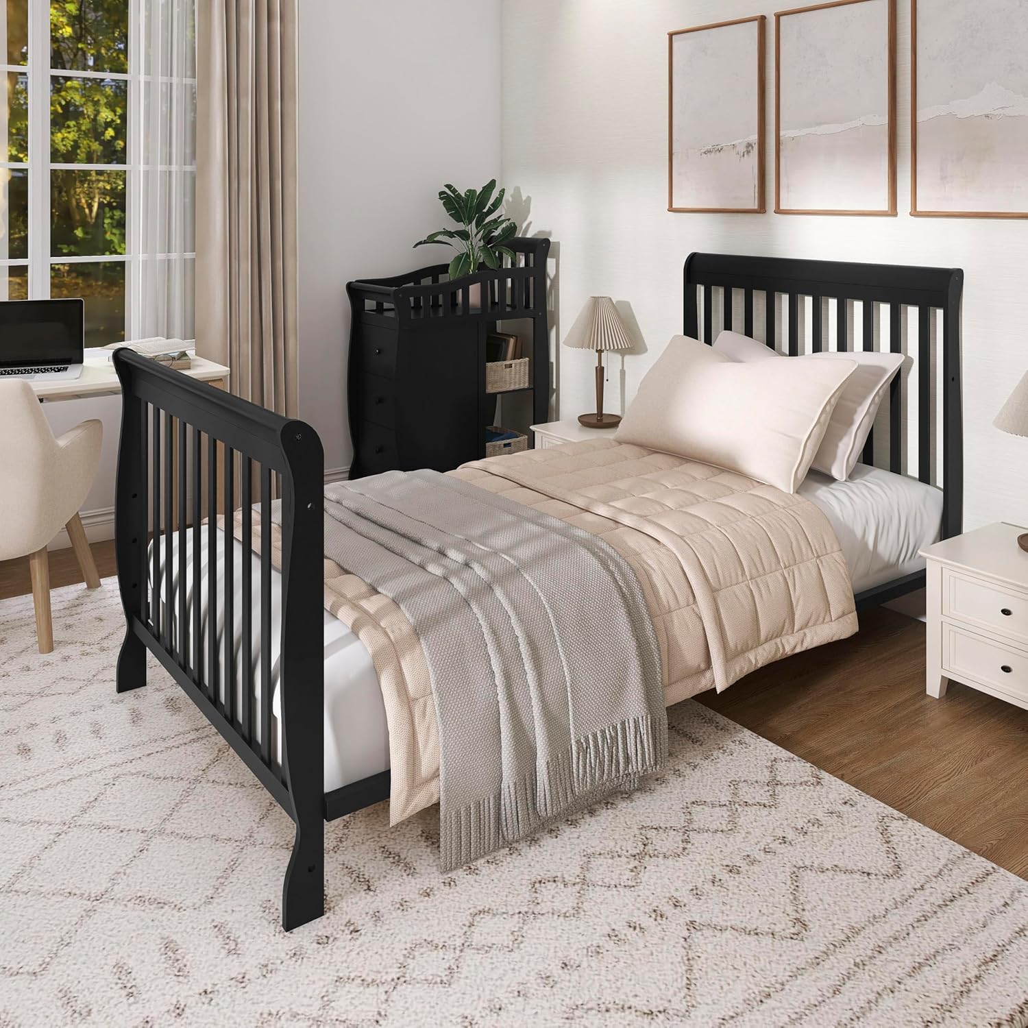 Dream On Me Jayden 4‑in‑1 Mini Convertible Baby Crib & Changer with Storage in Black, Pinewood, GreenGuard Gold & BSA, 1” Mattress Pad, 3 Mattress Heights, Converts to Mini Day & Twin-Size Bed