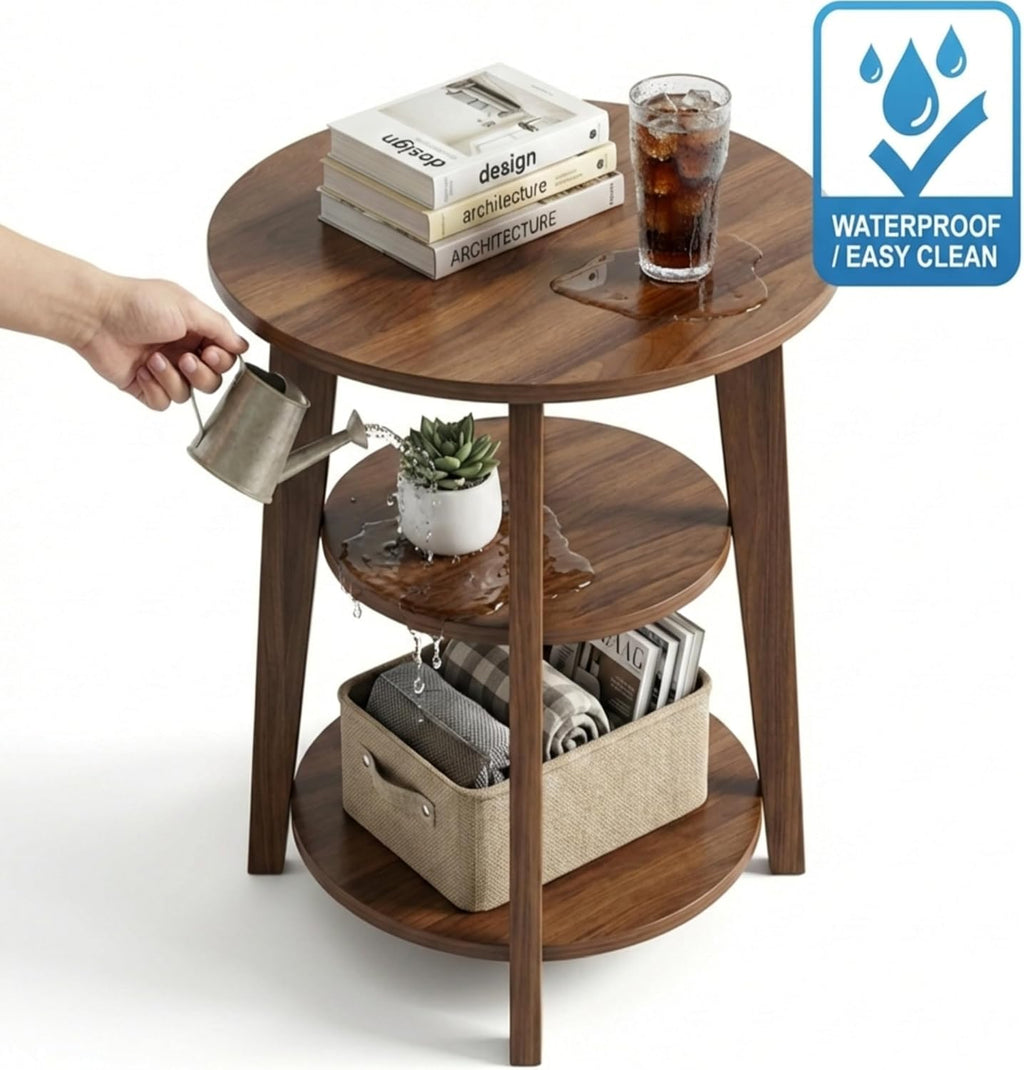 3-Tier Round Side Table - 23.6" Tall End Table with Storage Shelves - Waterproof Modern Nightstand for Living Room Bedroom Small Spaces (Walnut)