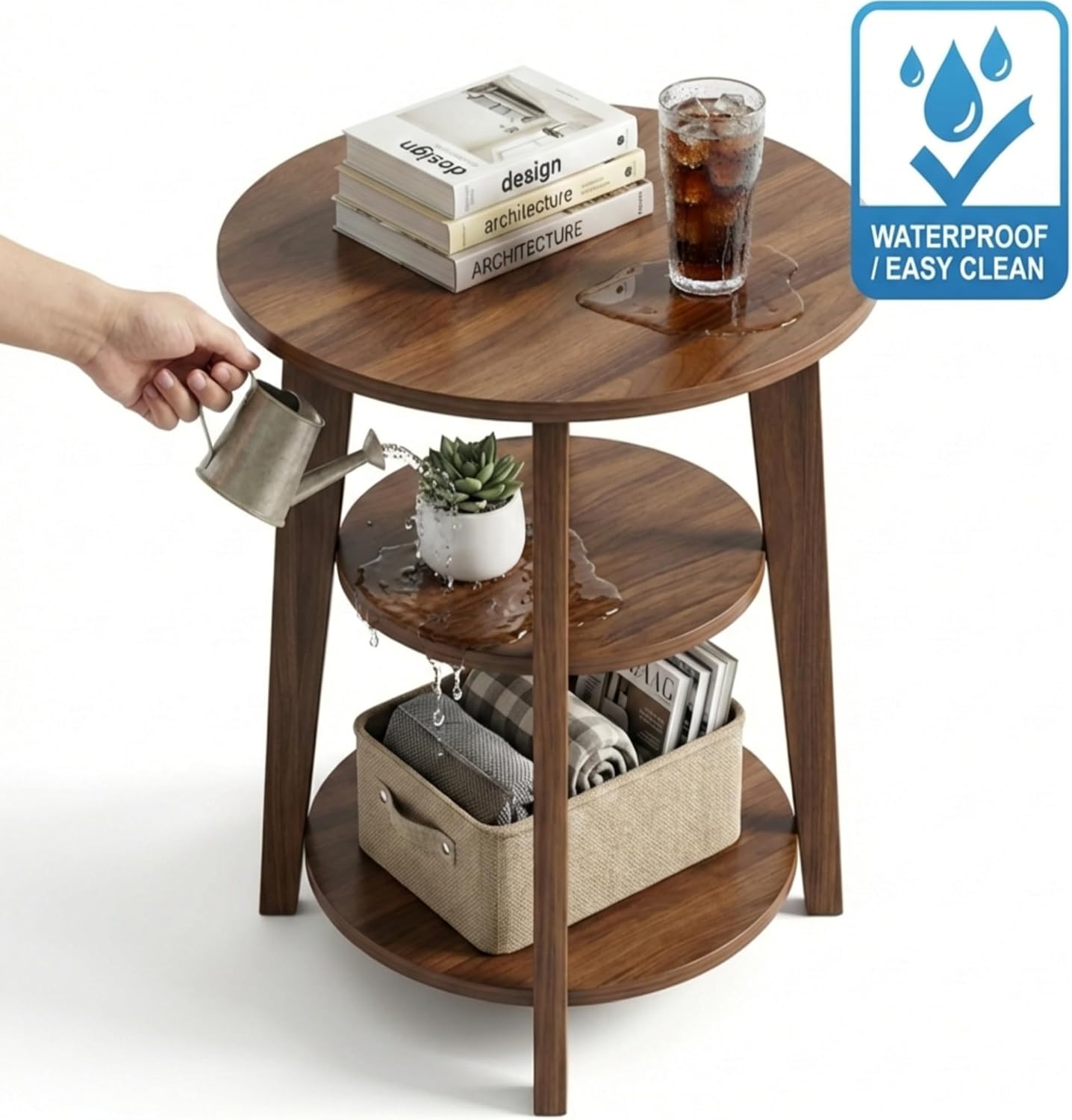 3-Tier Round Side Table - 23.6" Tall End Table with Storage Shelves - Waterproof Modern Nightstand for Living Room Bedroom Small Spaces (Walnut)
