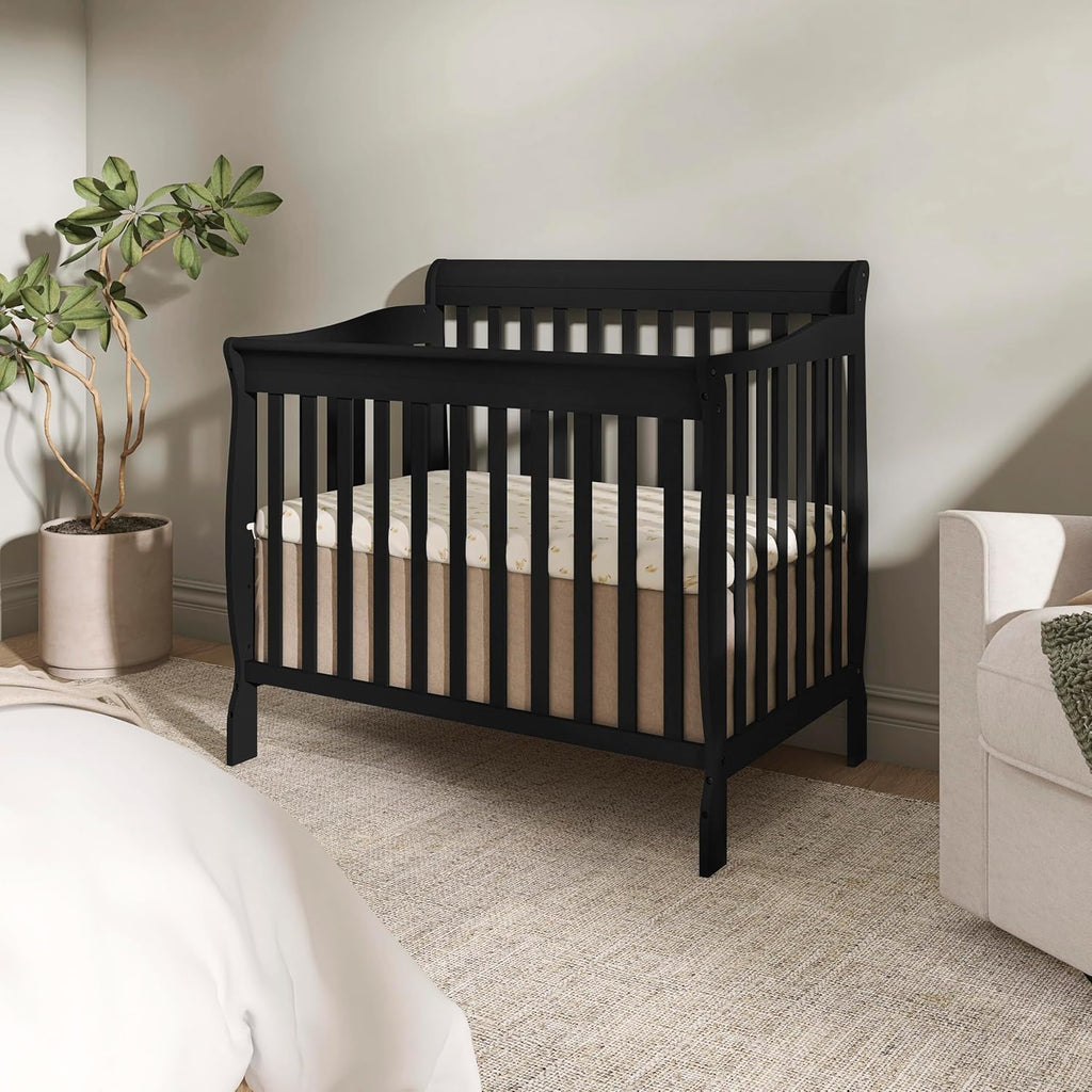 Dream On Me Aden 4-in-1 Convertible Mini Baby Crib, GREENGUARD Gold & BSA Certified, Sustainable Pinewood, Non-Toxic Finish, 3 Mattress Heights, Converts to Mini Day & Twin-Size Bed - Black