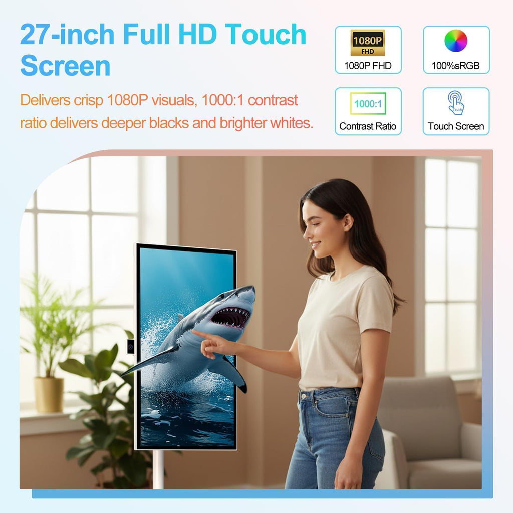 27" Portable Smart Touchscreen Tablet TV on Wheels, Android 15 OS Mobile Smart Display with Google EDLA Certification, 6GB+128GB, Built-in Battery, 4K Camera, Wireless Casting, Rotating Rolling Stand