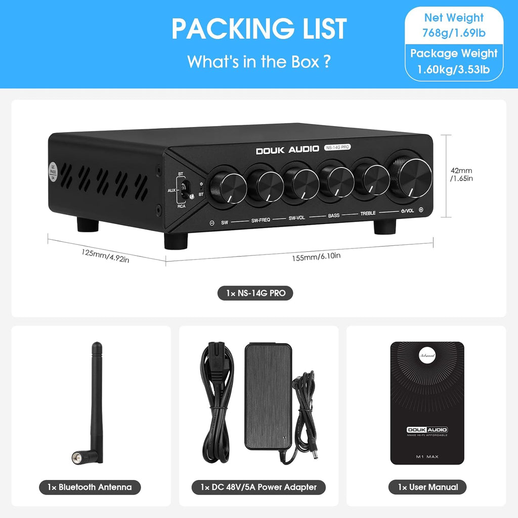 DoukAudio 2.1 Channel Bluetooth Amplifier: 600W Stereo + 300W Subwoofer Output Bass & Treble Control for Home Theater | Dual TPA3255 aptX-HD | Living Room Desktop | Audiophiles Holiday (NS-14G-PRO)